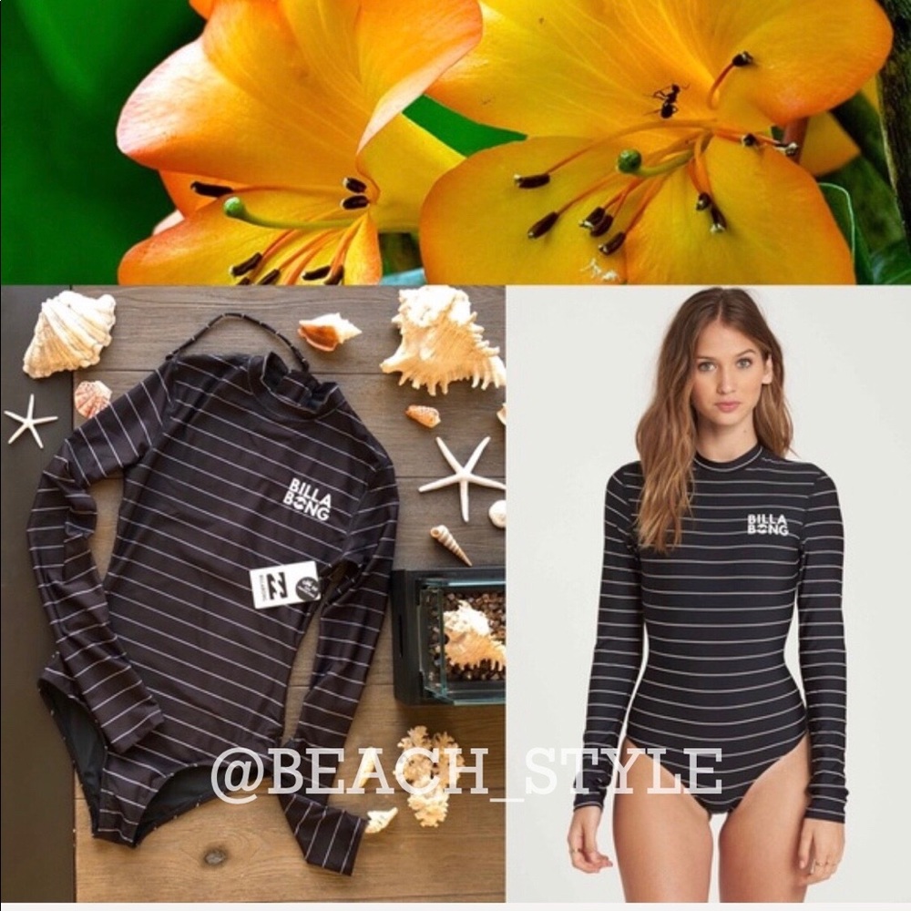 Billabong Black with White Stripe Long Sleeve One-Piece Swimsuit